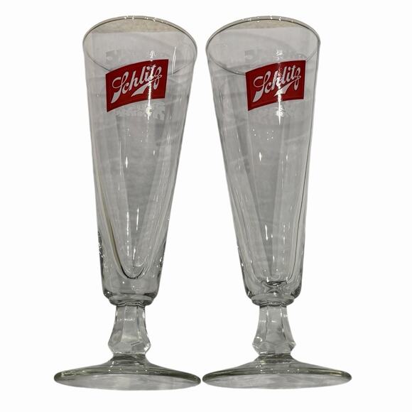 Schlitz Beer Other - Schlitz Pilsner Beer Glasses 9oz Footed Stem Pair 8.5" Vintage 1960s Barware